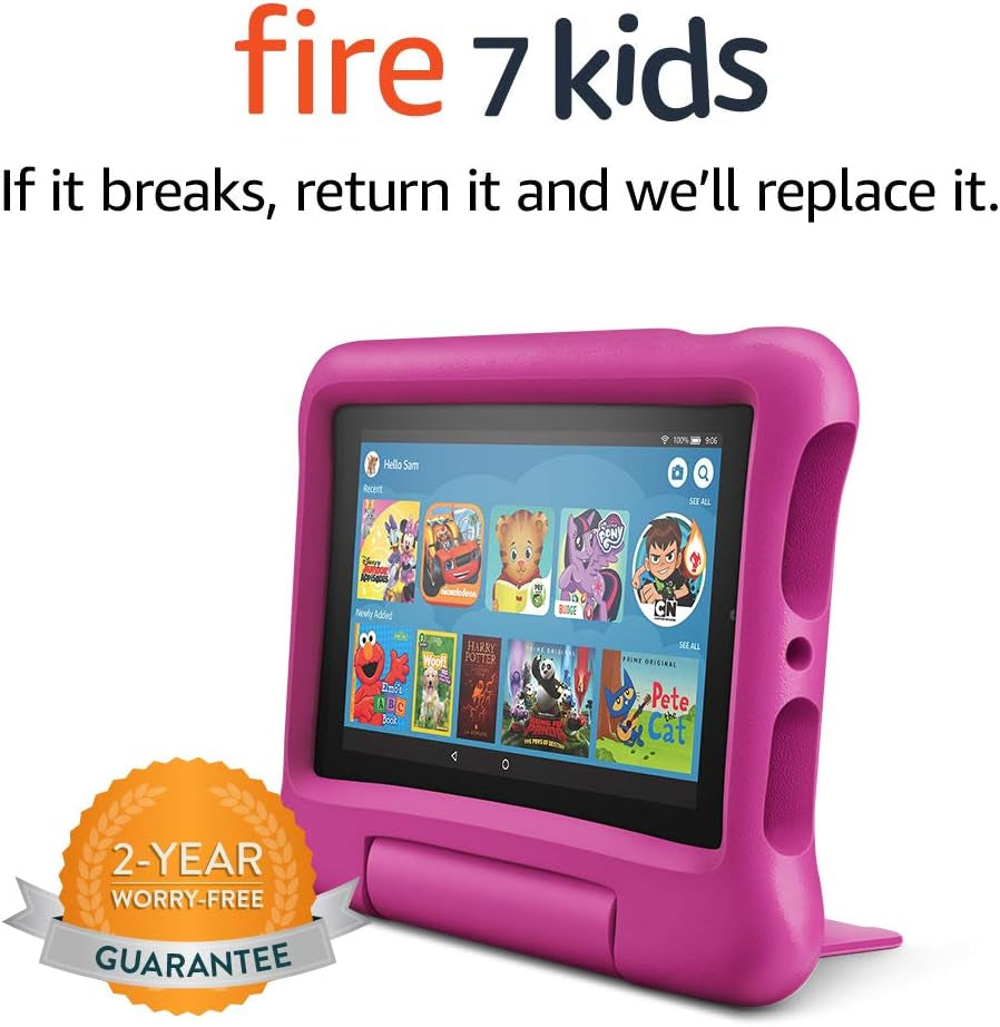 Fire 7 Kids Tablet, 7" Display, Ages 3-7, 16 GB, (2019 Release), Pink Kid-Proof Case